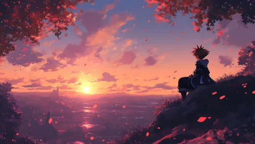 Sunset horizon study with silhouetted anime figure and layered haze