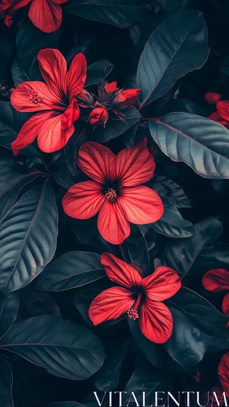 Vivid Red Flowers Against Deep Teal Foliage. Moody Botanical Study.