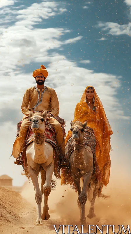 Desert riders in vibrant traditional dress cross dunes