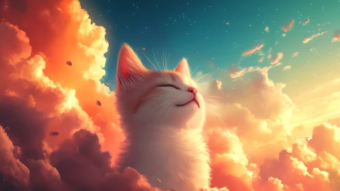 Ethereal White Cat Among Golden Clouds at Sunset.