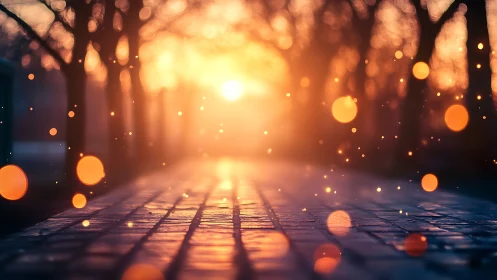 Golden dusk path glimmering with wandering firefly echoes.