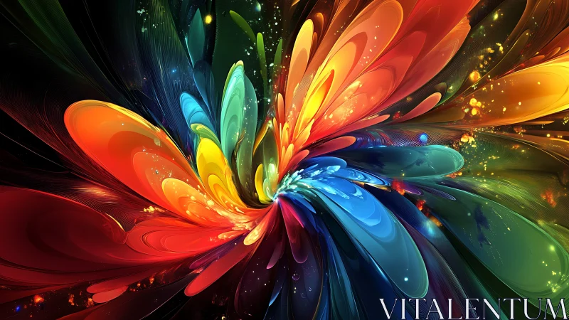 Vibrant digital flower burst in swirling rainbow colors.