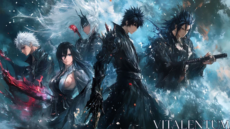 Elemental warriors in dynamic anime-inspired combat tableau.