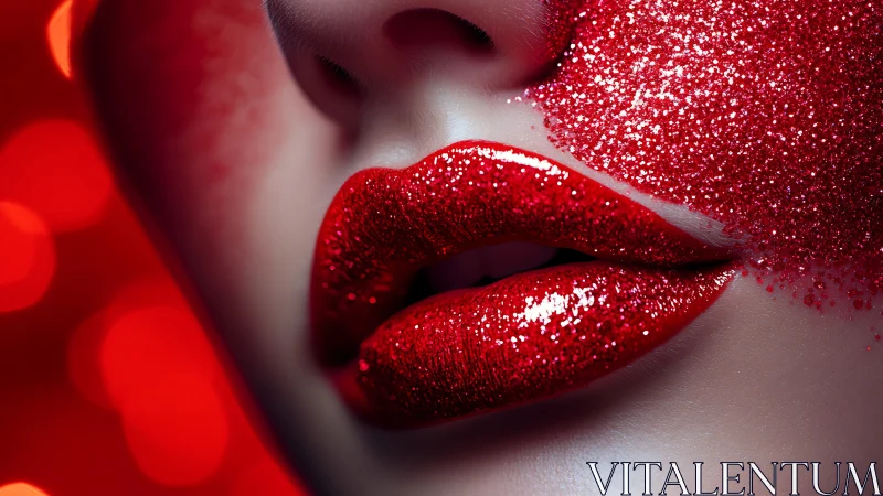 Scarlet glitter lips whispering in cinematic bokeh glow.