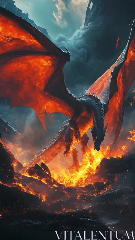 Fire dragon erupts from molten chasm amid storm clouds.