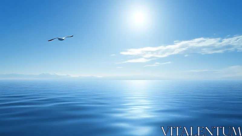 Calm blue horizon with lone seabird gliding in sunlight.