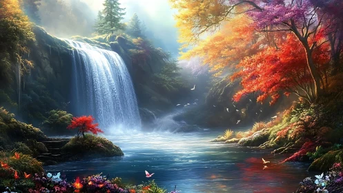 Digital landscape of waterfall, river and dense autumn forest.