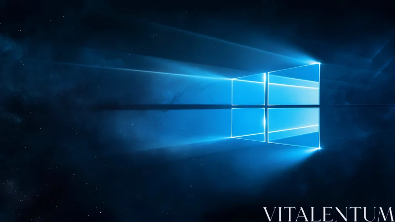 Glowing blue window logo shines through cosmic digital mist.