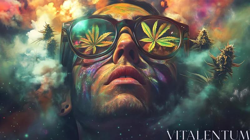 Dreamy cosmic portrait with glowing glasses and leaves.