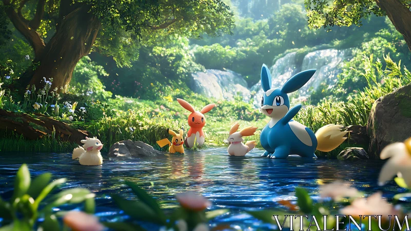 Sunlit forest pond hosts playful creatures in sparkling blue