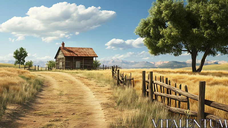 Rural dirt road, wooden cabin and fences in dry grassland.