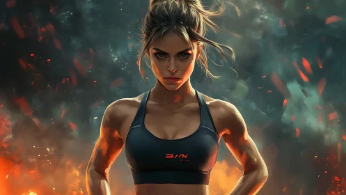 Fierce athletic warrior in fiery digital fitness portrait.