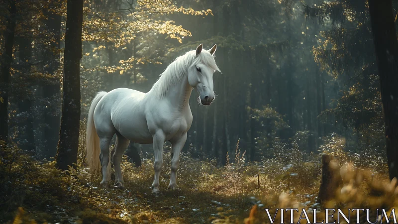 Digital painting of white horse in atmospheric forest light field.