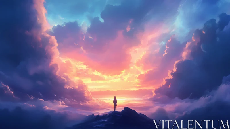 Solitary human silhouette beneath expansive luminous clouds.