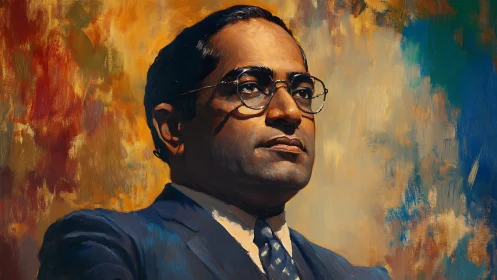 Portrait of resolute man in suit against vivid abstract backdrop