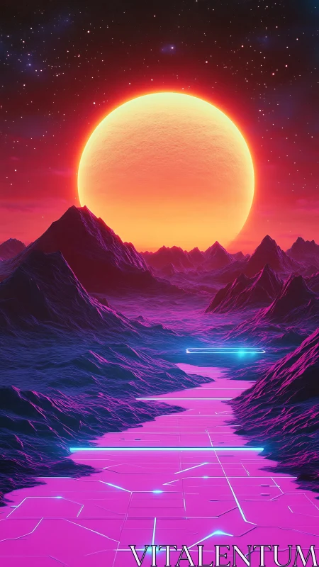 Neon valley opens toward colossal sun over alien horizon