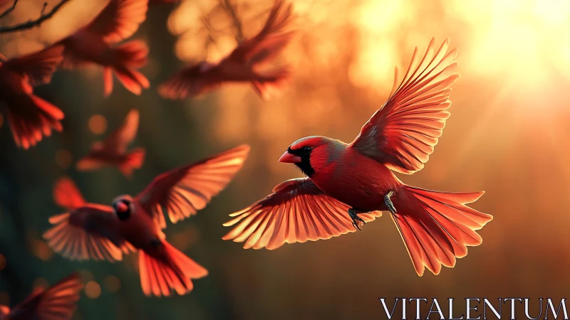 Vibrant red cardinals in flight at sunset, dramatic lighting.