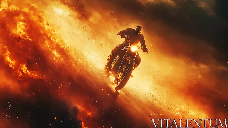 Lone biker races through blazing skies of fiery light.