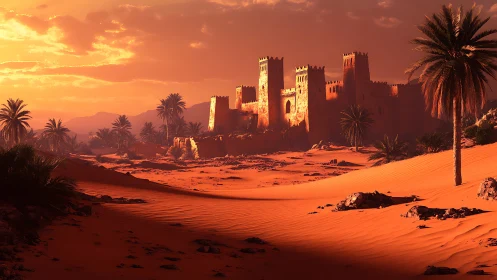 Sun-drenched desert citadel waits on a river of ember sand