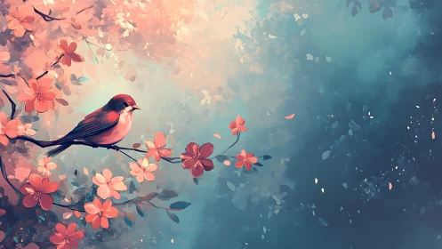 Songbird rests on spring blossoms in soft pastel light.