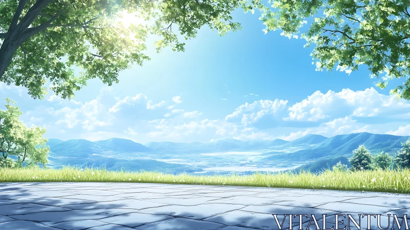 Sunny hilltop terrace overlooking blue valley and mountains.