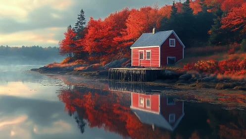 Lakeside red cabin amid vibrant autumn forest reflection.