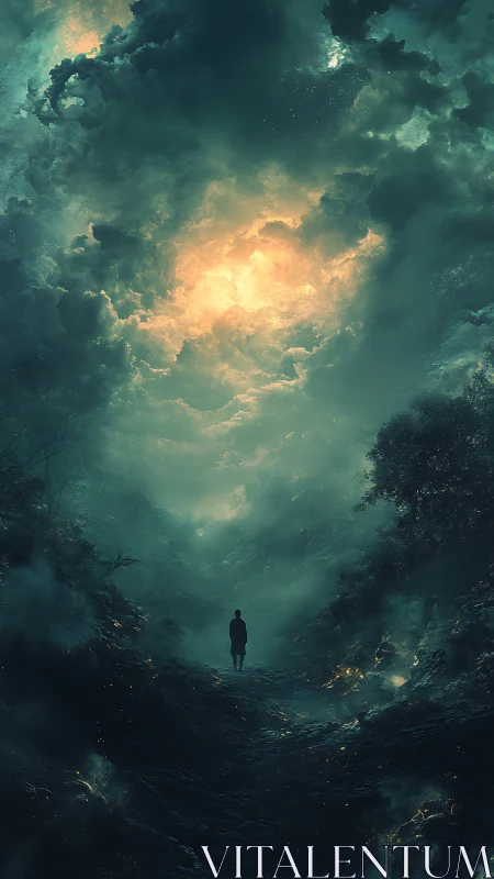 Solitary figure observes apocalyptic sky in cinematic concept art