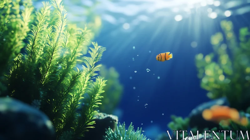 Photorealistic undersea reef vignette with floating clownfish.