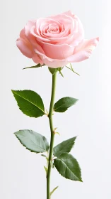 Pale Pink Rose on Green Stem Against White.