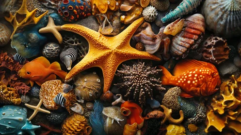 Starfish and tropical reef species arranged in dense layout