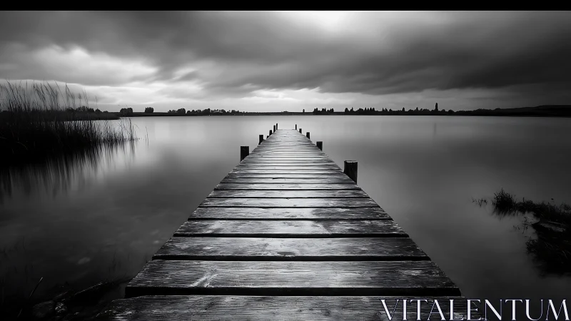 Monochrome lakeside pier under dramatic storm cloud ceiling.