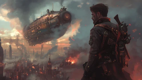 Steampunk airship over burning industrial cityscape.