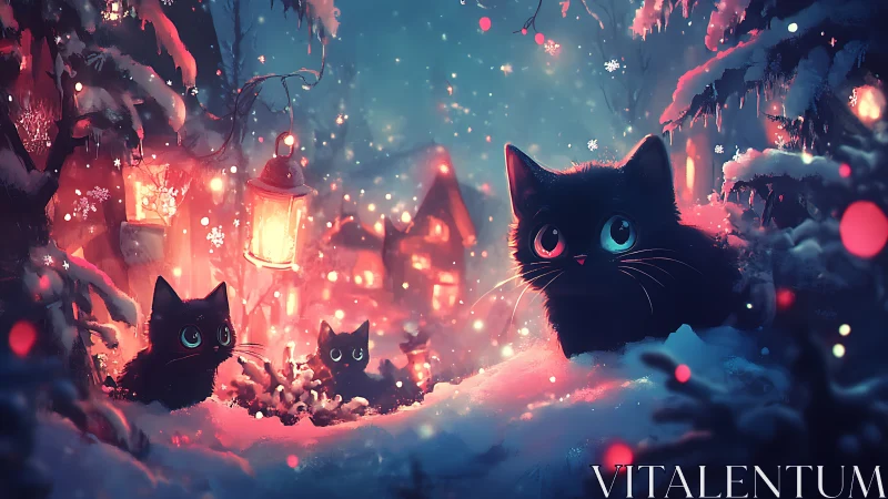 Volumetric nocturnal landscape with black cats and luminescent architectural environment
