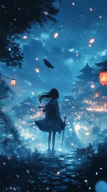 Sword-bearing dreamer on a lantern-lit midnight hillside.