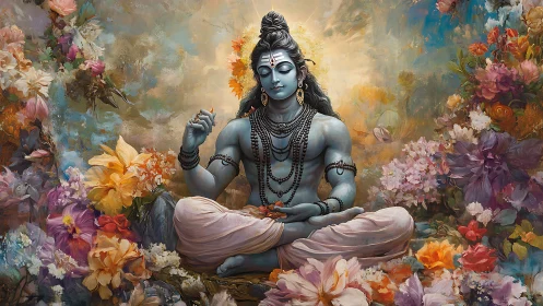 Serene blue deity in meditation amid lush, dreamlike flowers.