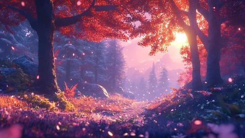 Enchanted Forest Path Glowing with Autumn Warmth