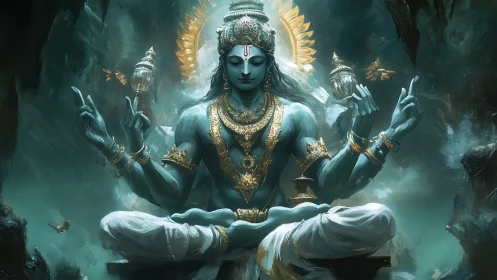 Blue multi-armed deity figure in meditative seated posture.