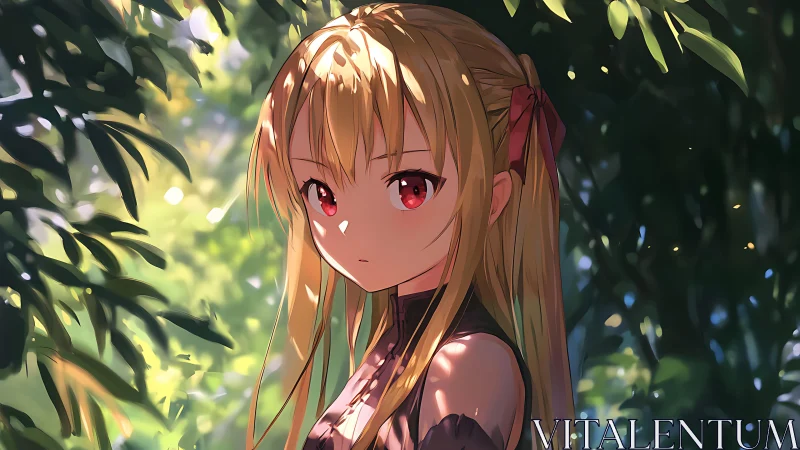 Blonde anime girl in dappled forest light, red eyes, ribbons.