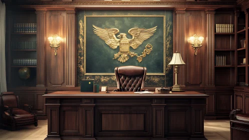 Regal walnut office throne beneath gilded American eagle.