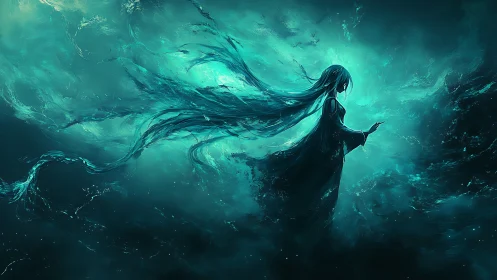 Ethereal hydrodynamic figure in luminous cyan nebular void.