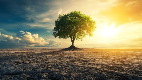 Solitary green tree on cracked dry earth at sunset.