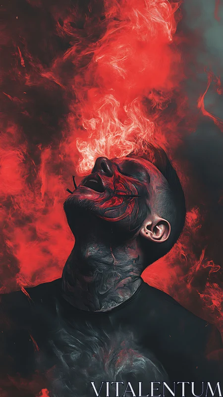 Combustive portrait with red volumetric smoke plumes erupting.