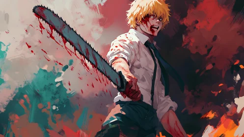 Blood-soaked anime fighter wields forward-thrust chainsaw blade