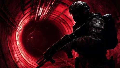 Tactical soldier silhouette in red-illuminated tunnel environment.