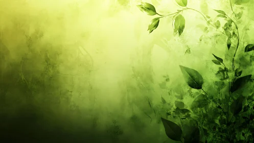 Green gradient background with abstract foliage forms.