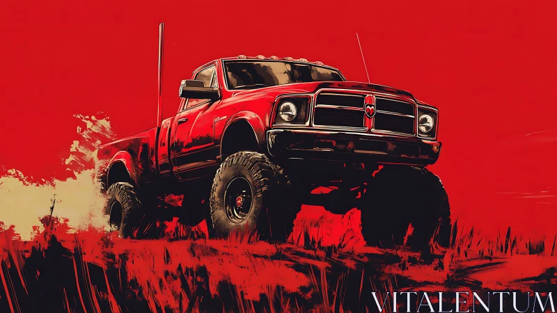 Digital painting of lifted red pickup truck on stark red field.
