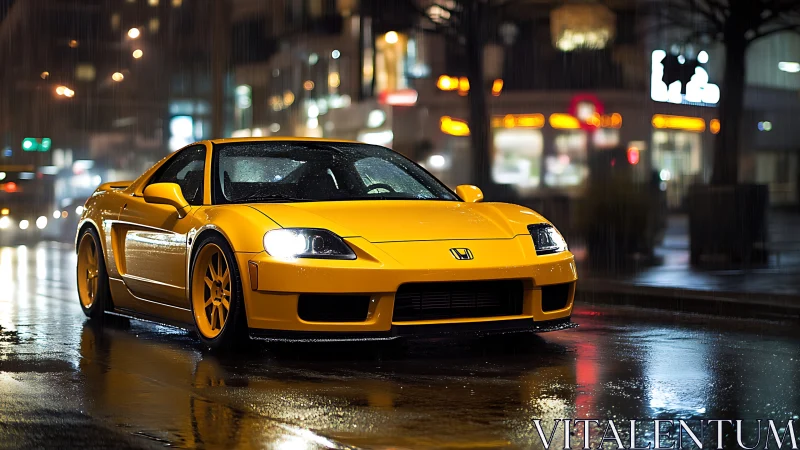 Yellow Honda NSX prowls through rain-glossed neon streets at night