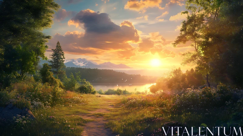 Sunlit lakeside meadow with distant snow-capped mountains.