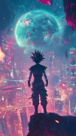 Starlit warrior studies a shattered neon planet in silence