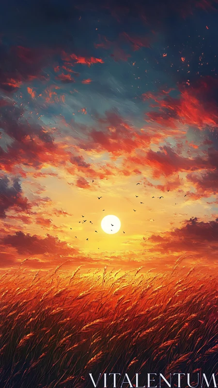 Sunset over windblown grassland under vivid clouded sky.